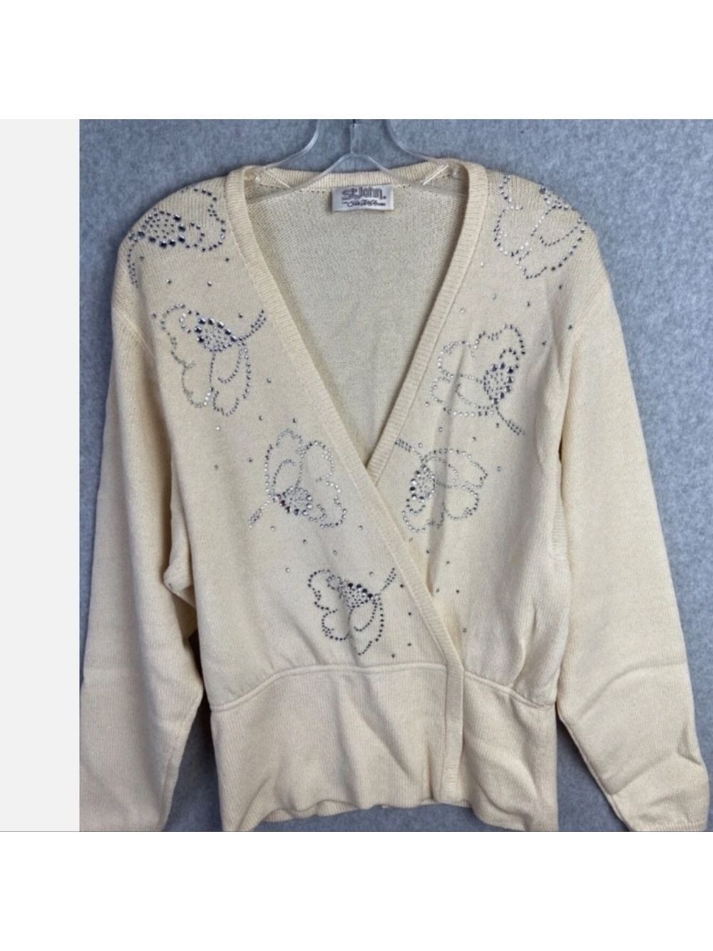 Vintage St John Sweater  White Cream Rhinestone Wrap  Luxury Classic Size 14